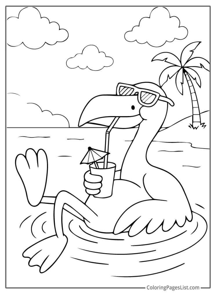 Flamingo Relaxing in Water with Sunglasses and a Drink Coloring Page