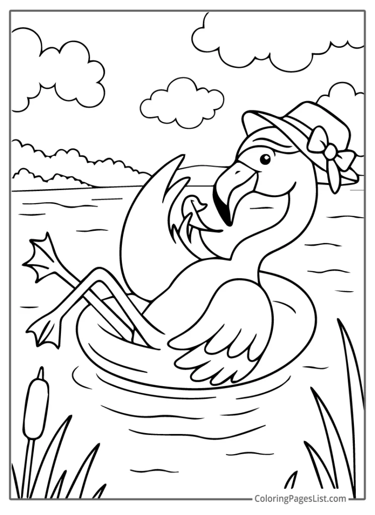 Flamingo Relaxing in an Inner Tube Wearing a Hat To Color In