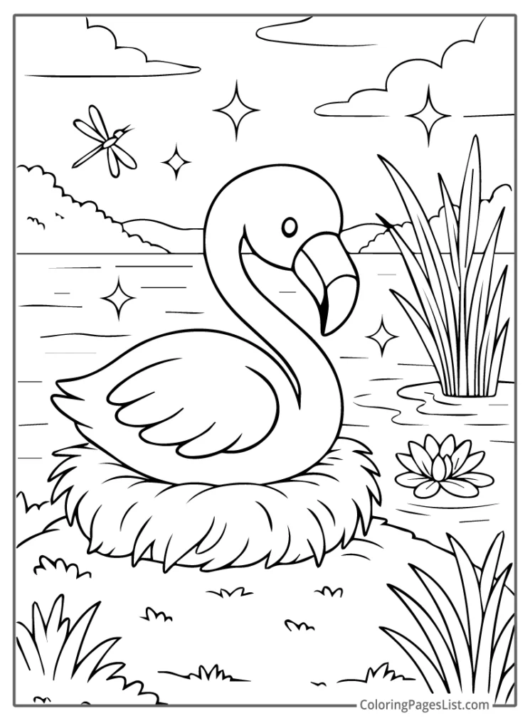 Flamingo Sitting on a Nest Beside a Sparkling Lake To Color In