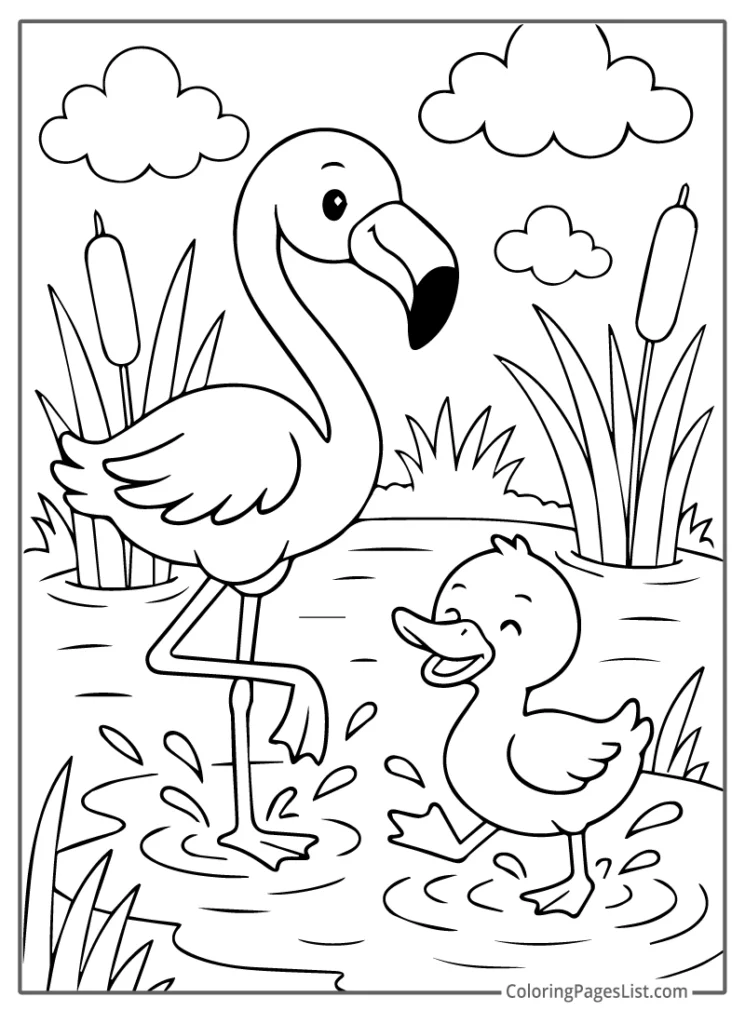 Flamingo and Duckling Splashing Together in a Pond Coloring Sheet For Kids