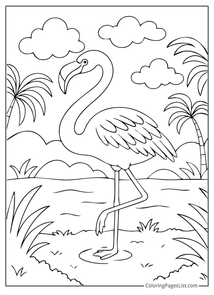 Flamingo by the Lake with Clouds and Palm Trees For Coloring