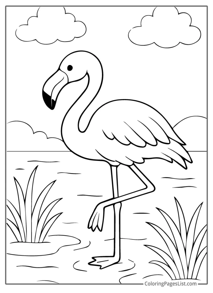 Flamingo in a Pond with Curved Beak and Cloudy Sky Coloring Page