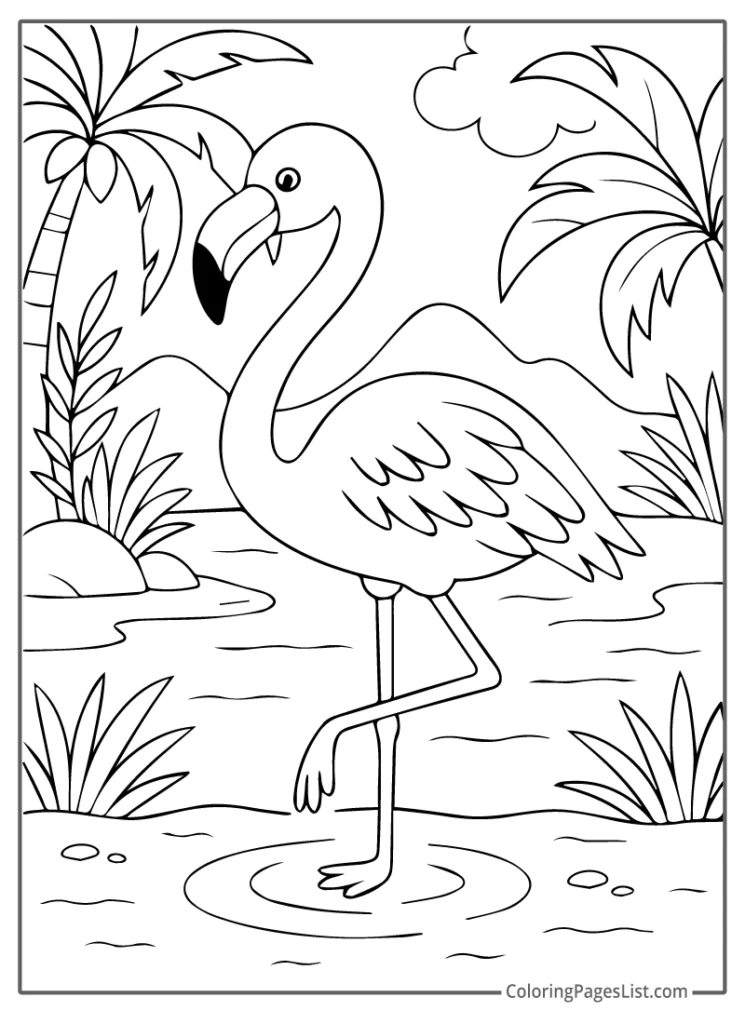 Flamingo in a Tropical Lagoon with Mountains Coloring Page