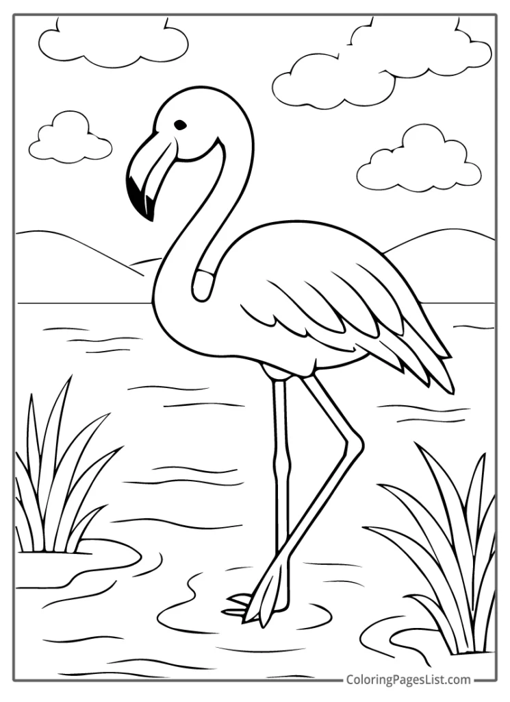 Flamingo in a Wetland with Hills and Grasses To Color In