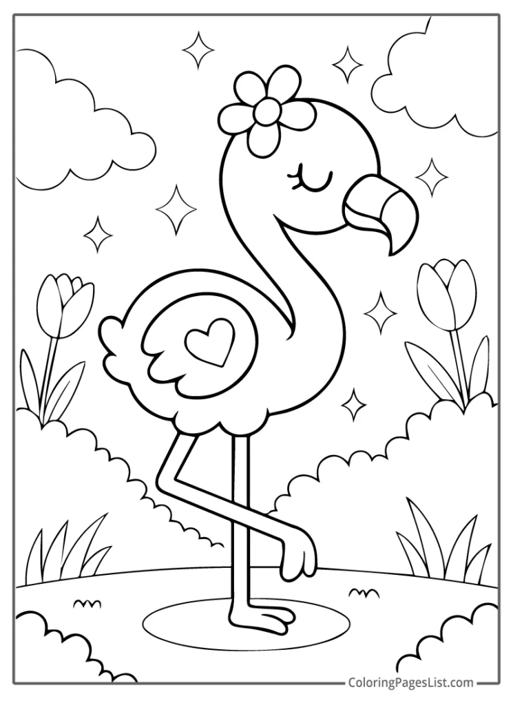 Flamingo with Flower on Head and Sparkles Around For Coloring
