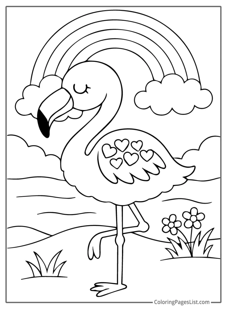 Flamingo with Rainbow in the Background To Color In