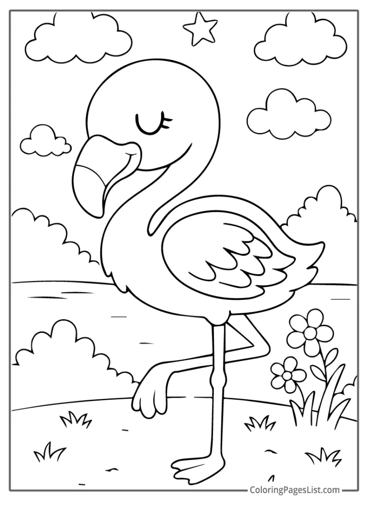 Flamingo with Star and Puffy Clouds Coloring Page