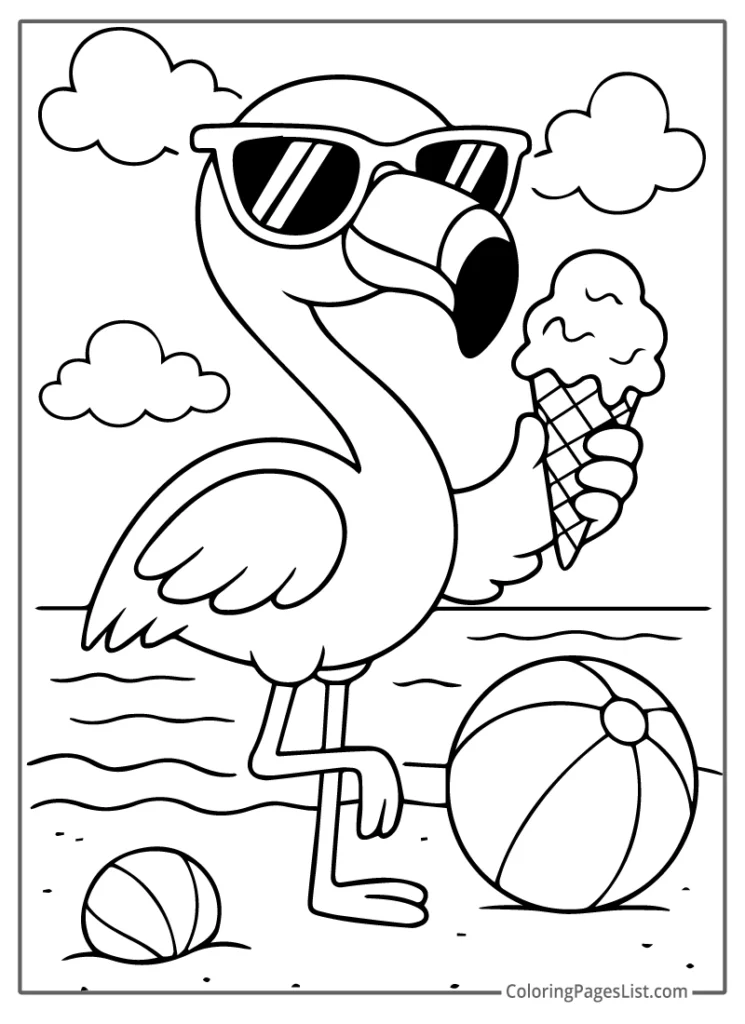 Flamingo with Sunglasses Enjoying Ice Cream on the Beach To Color In