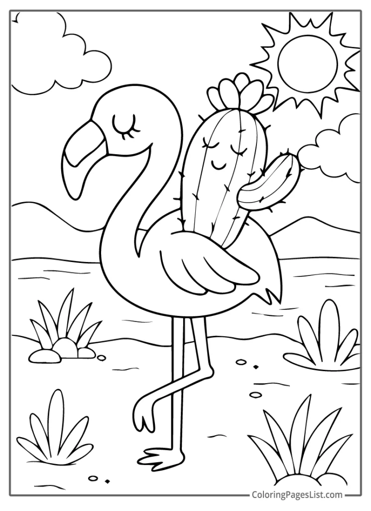 Flamingo with a Cactus on Its Back in a Desert Scene For Coloring