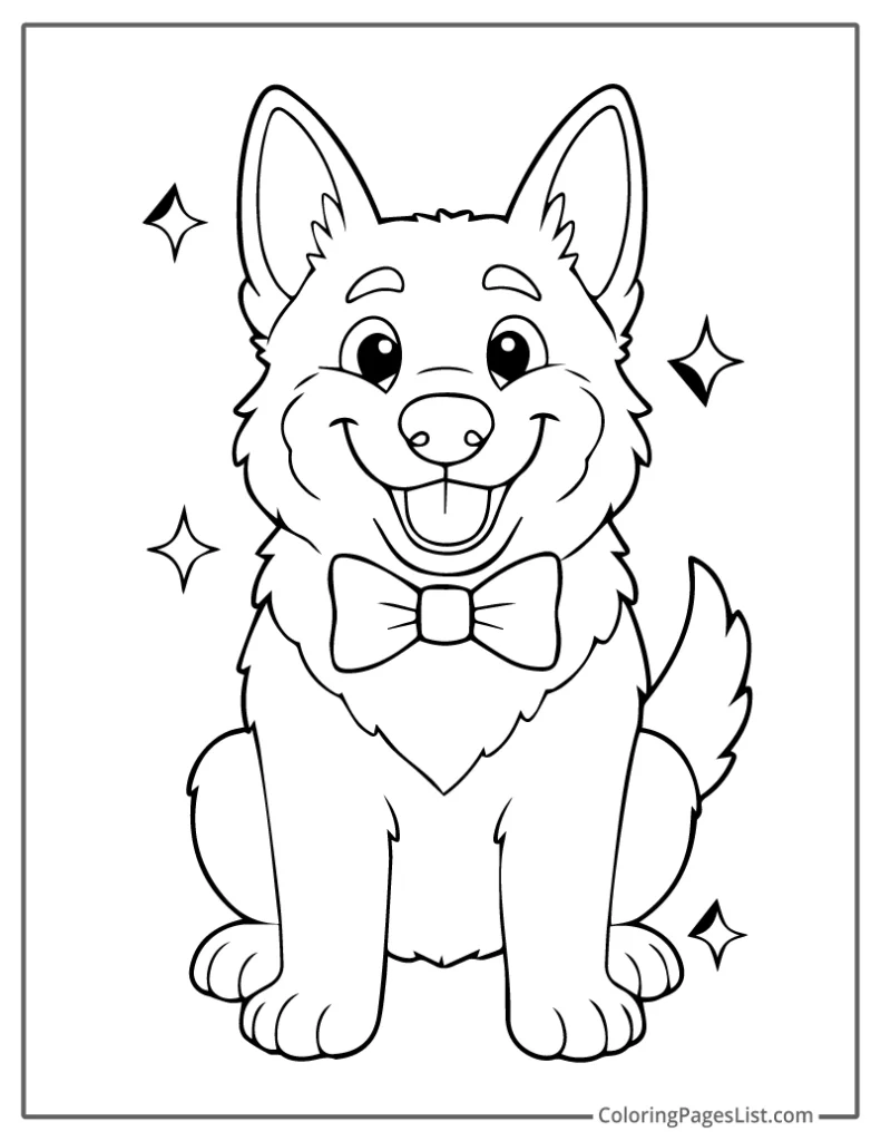 German Shepherd Pup Wearing a Bow Tie Coloring Sheet For Kids