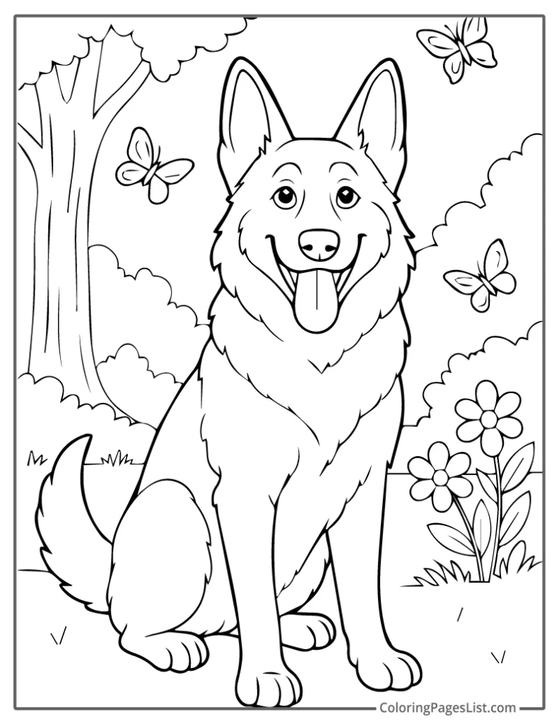 German Shepherd Sitting Among Butterflies in a Park For Coloring