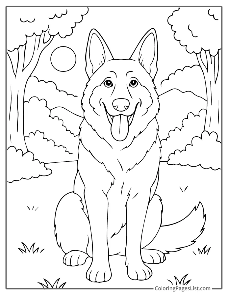 German Shepherd Sitting in a Forest with the Sun Behind For Coloring