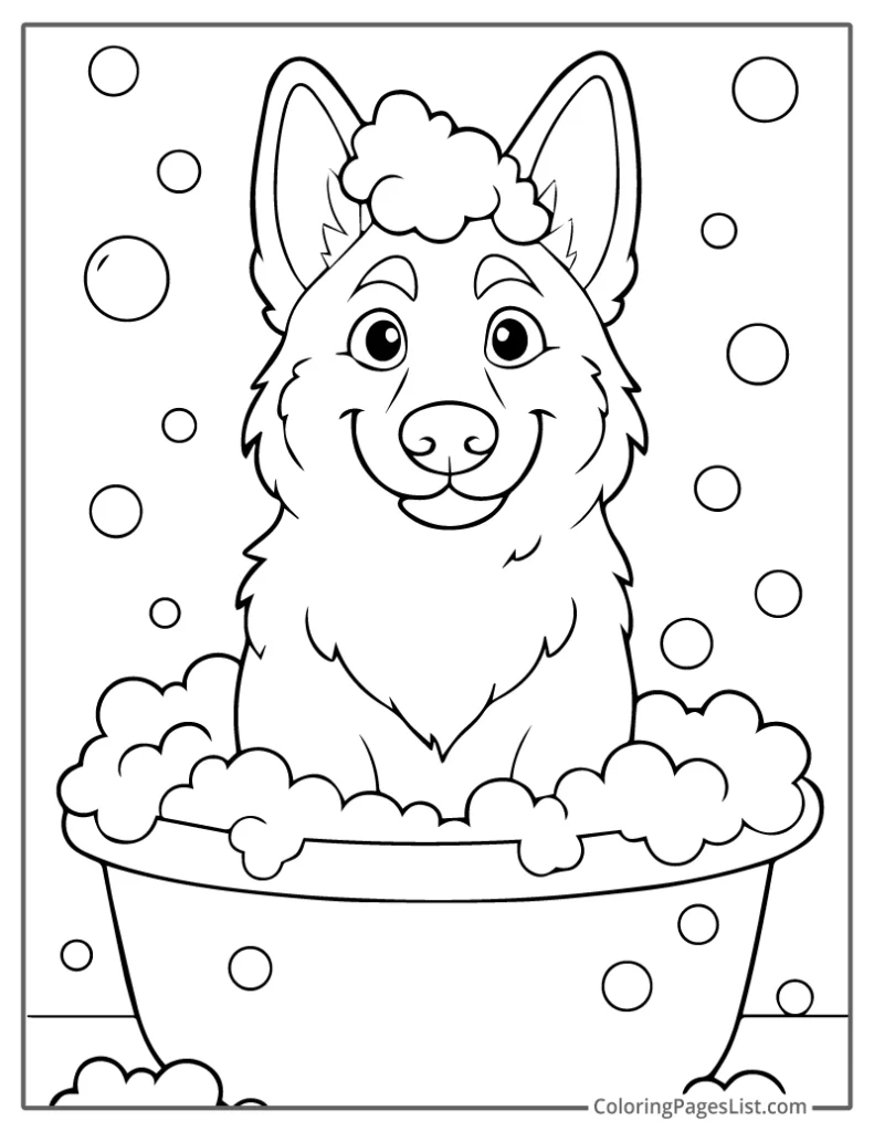 German Shepherd Taking a Bubble Bath Coloring Page