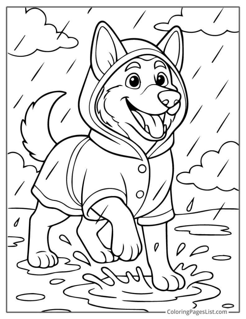 German Shepherd in a Raincoat Splashing in Puddles Coloring Page