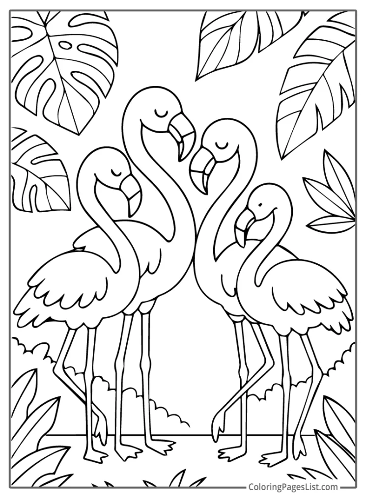 Group of Four Flamingos with Tropical Leaves To Color In