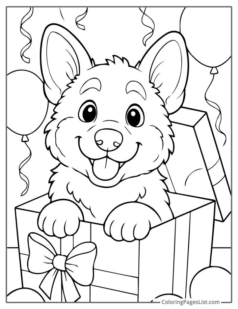 Happy German Shepherd Popping Out of a Gift Box To Color In