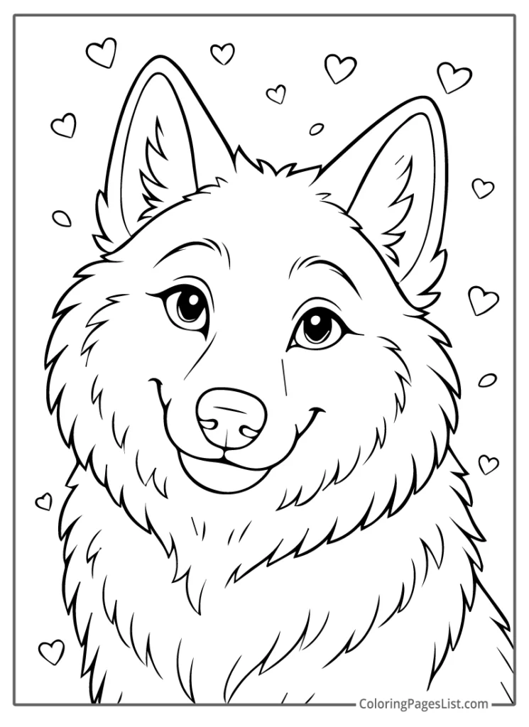 Happy Wolf Portrait with Hearts Coloring Page