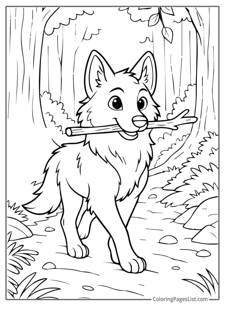 Happy Wolf Pup Carrying a Stick on a Trail Coloring Page