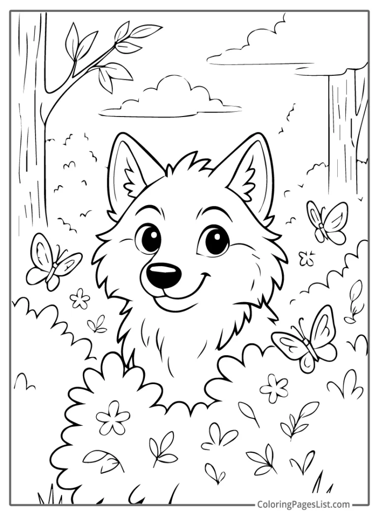 Happy Wolf Pup in a Meadow with Butterflies Coloring Page