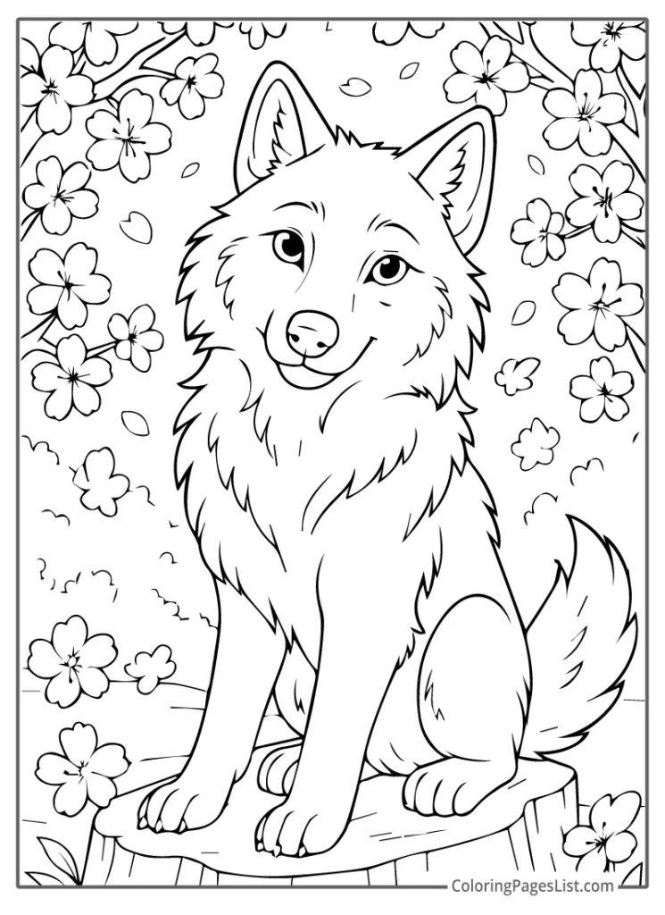 Happy Wolf Sitting on a Tree Stump Surrounded by Cherry Blossoms