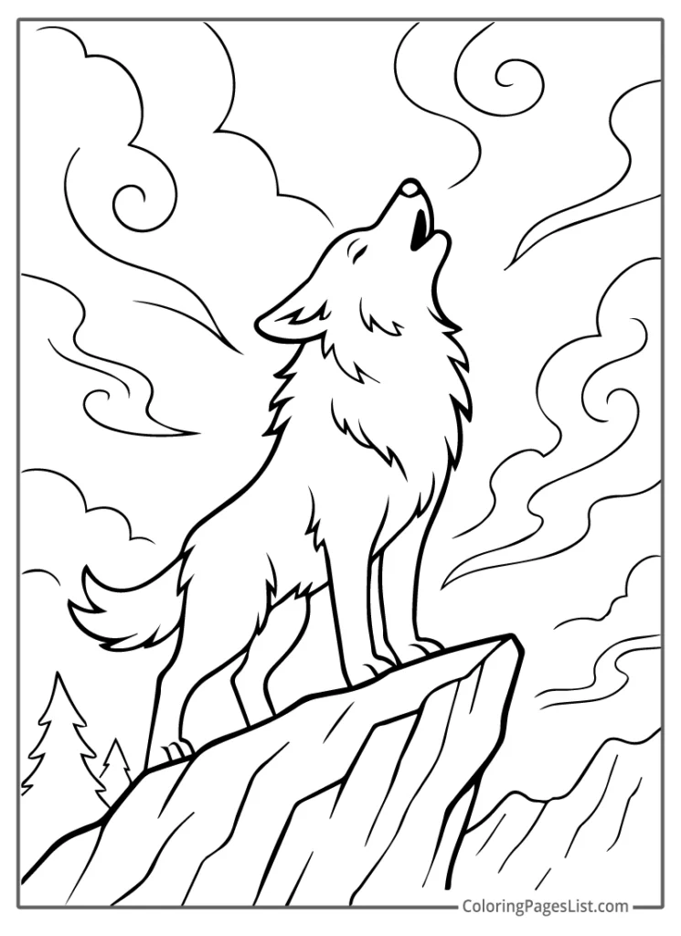 Howling Wolf on a Windy Mountain Peak For Coloring