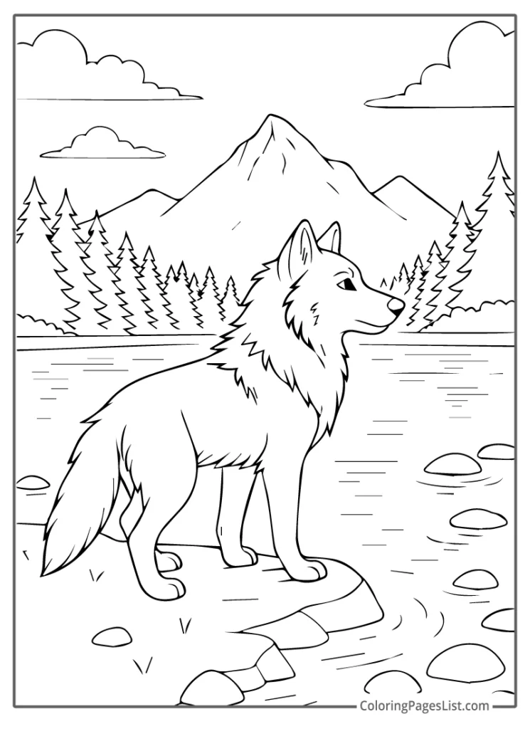 Lone Wolf Gazing Across a Mountain Lake To Color In