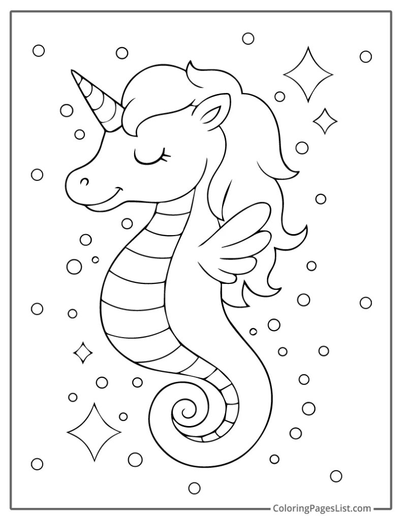 Magical Seahorse Unicorn Surrounded by Sparkles and Bubbles For Coloring