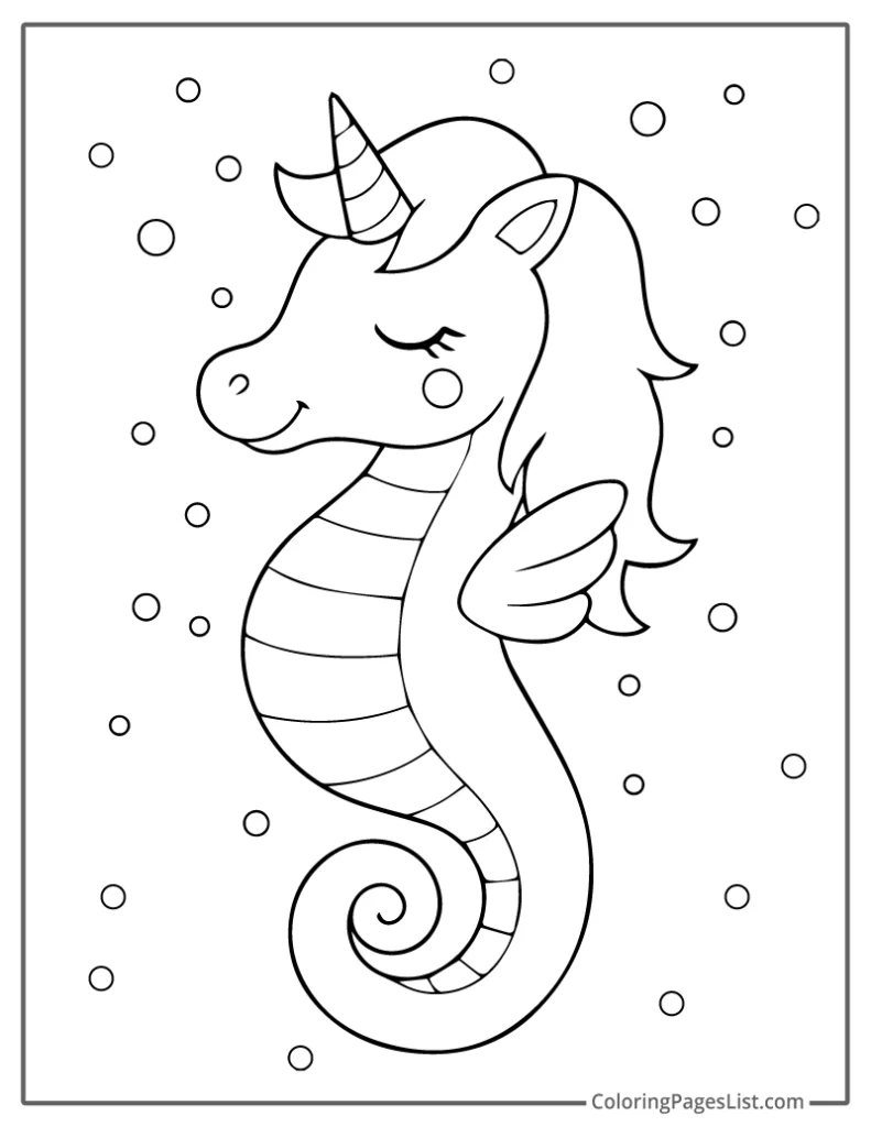 Magical Unicorn Seahorse Floating in Bubbly Waters Coloring Page