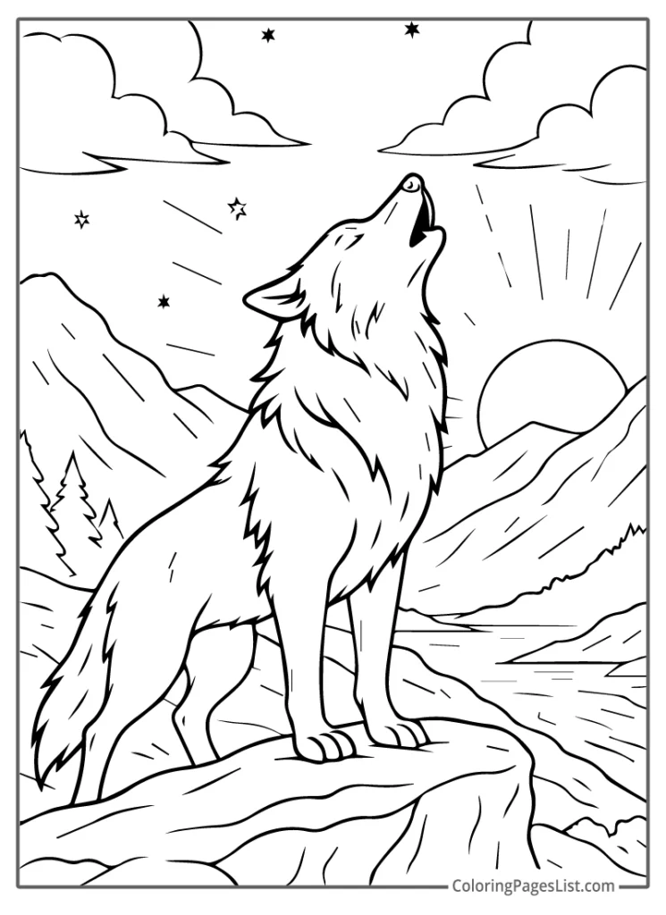 Majestic Wolf Howling as the Sun Sets Behind Mountains
