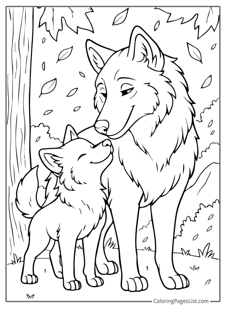 Mother Wolf with Her Pup in the Woods To Color In