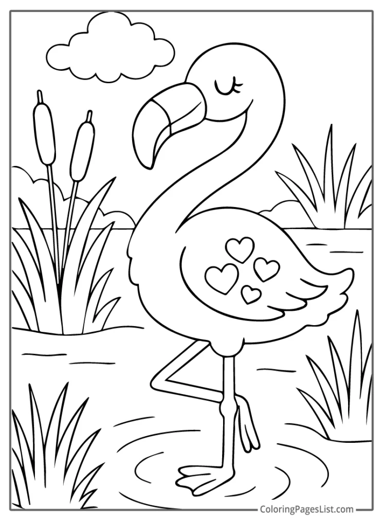Outline Of Flamingo in a Pond with Cattails Coloring Sheet