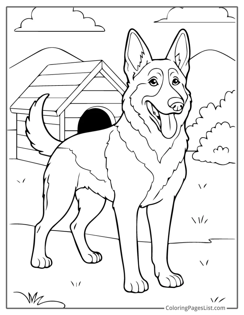 Outline of German Shepherd Standing Proud Near a Doghouse To Color In