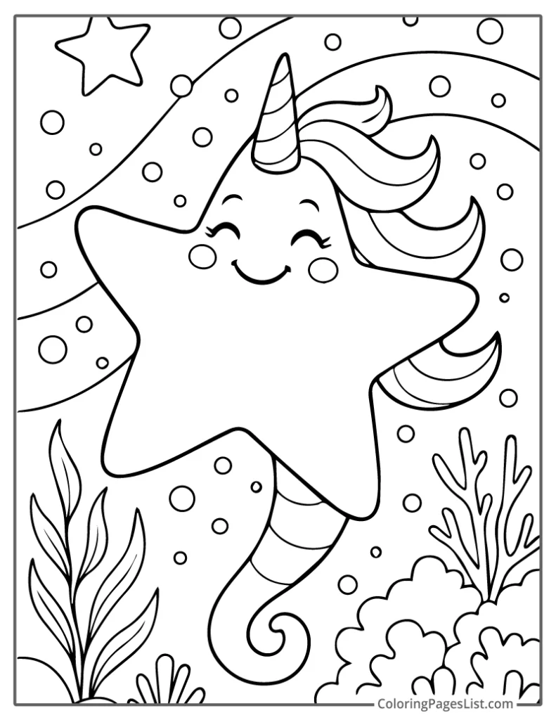 Outline of Unicorn-Themed Seahorse Floating Joyfully in an Ocean Garden To Color In