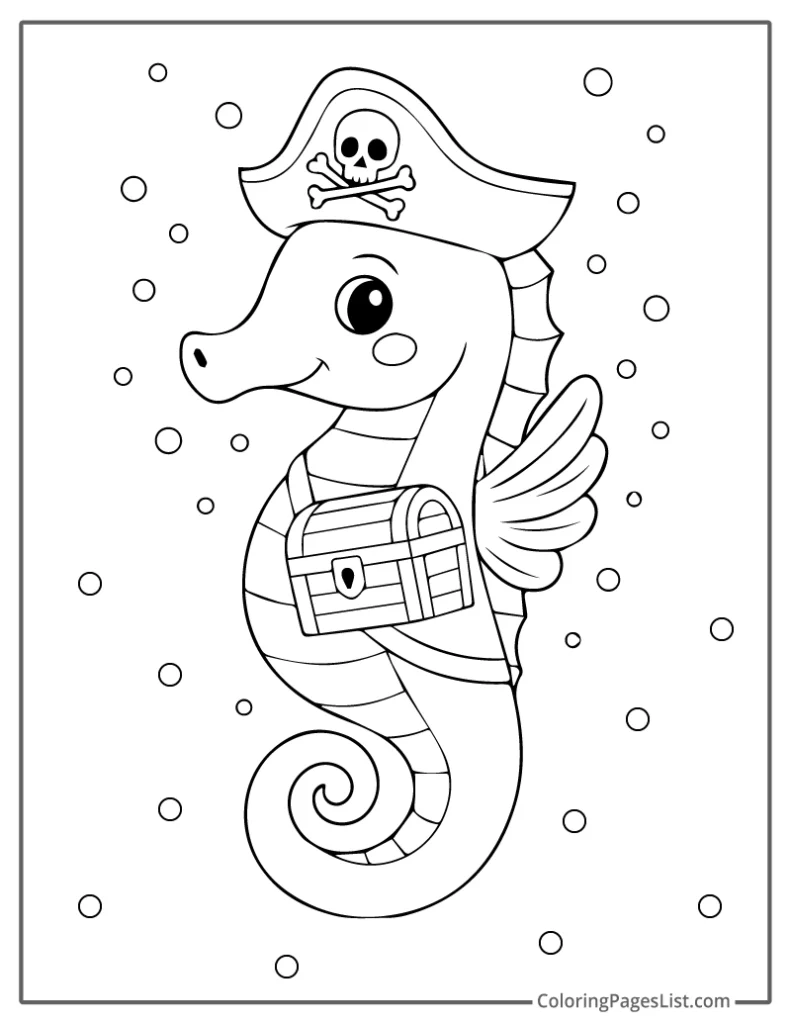 Pirate Seahorse Holding a Treasure Chest with a Skull Hat Coloring Page