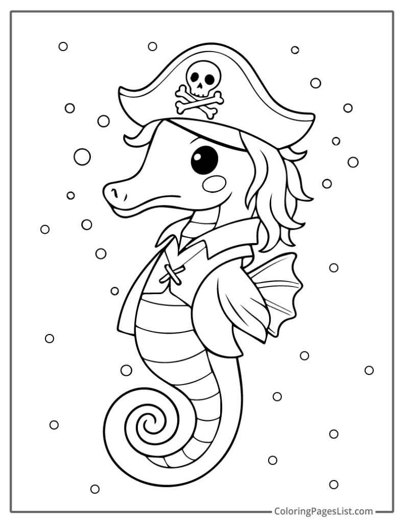 Pirate Seahorse with Eyepatch and Skull Hat To Color In