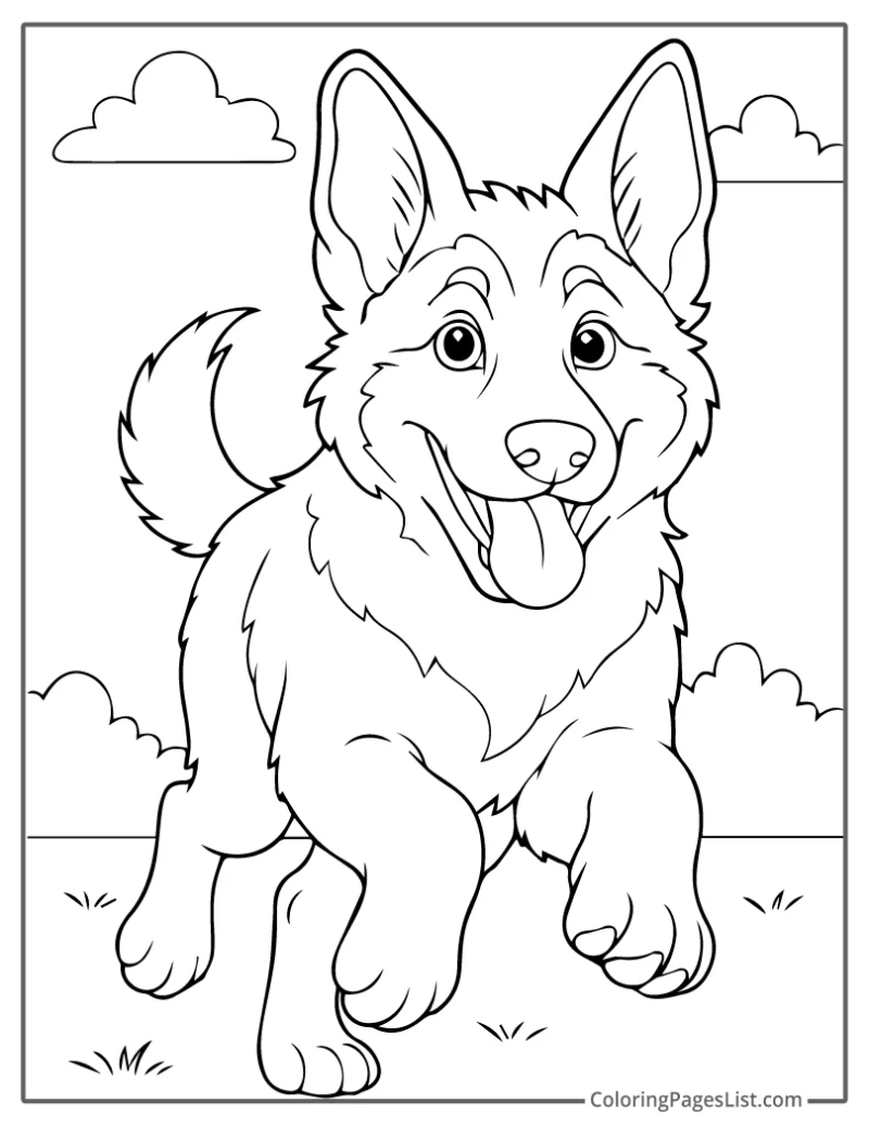Playful German Shepherd Puppy Running in a Field Coloring Page