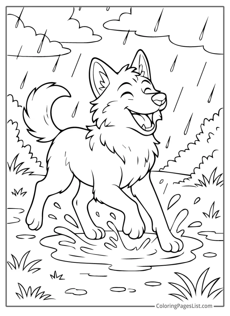 Playful Wolf Splashing in a Rainy Puddle Coloring Page