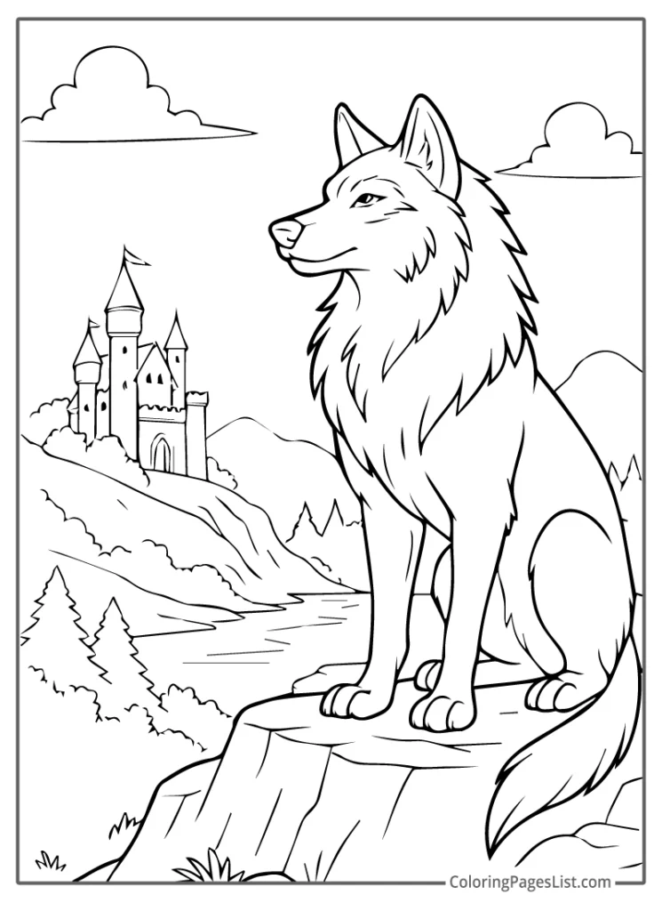 Regal Wolf Sitting on a Cliff with a Castle Coloring Page