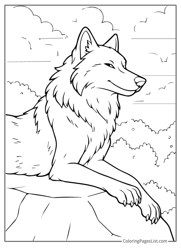 Relaxed Wolf Resting on a Cliff at Sunset Coloring Sheet