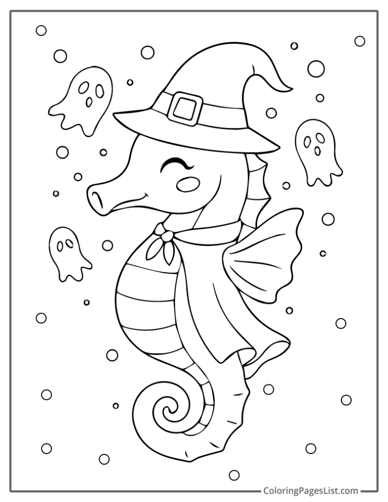 Seahorse Dressed as a Witch Surrounded by Floating Ghosts Coloring Page