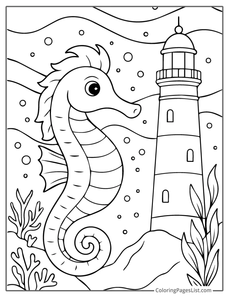 Seahorse Exploring the Ocean Near a Lighthouse Coloring Page