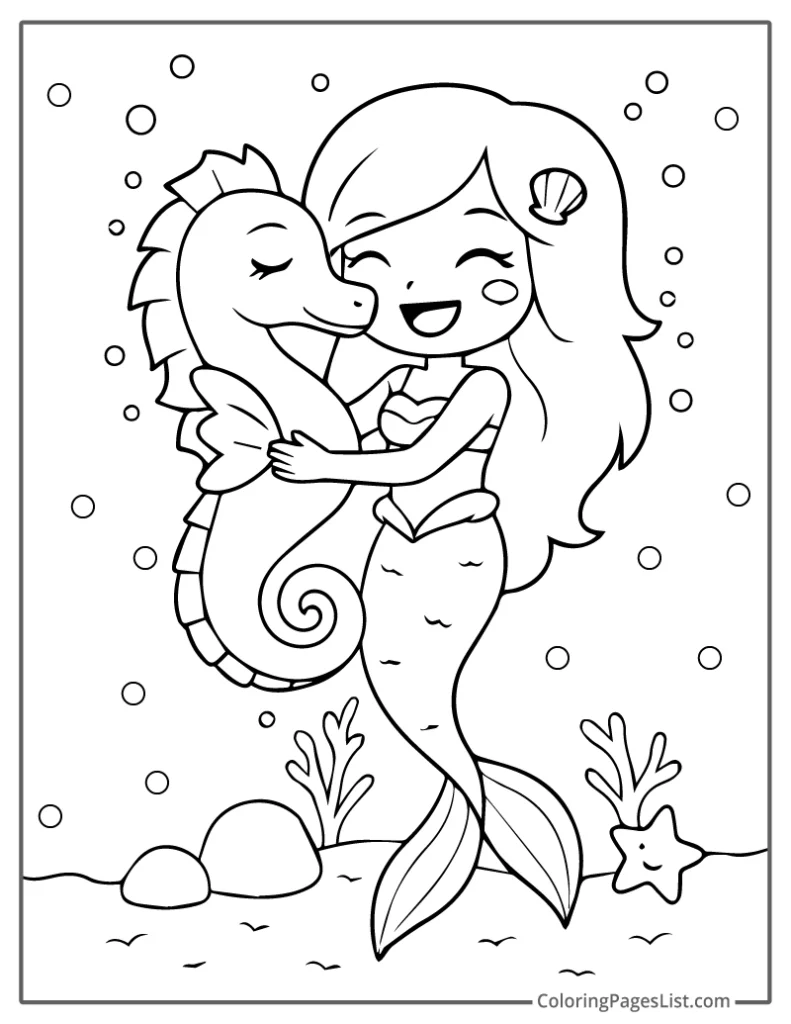 Seahorse Hugging a Happy Mermaid Underwater Coloring Page For Kids
