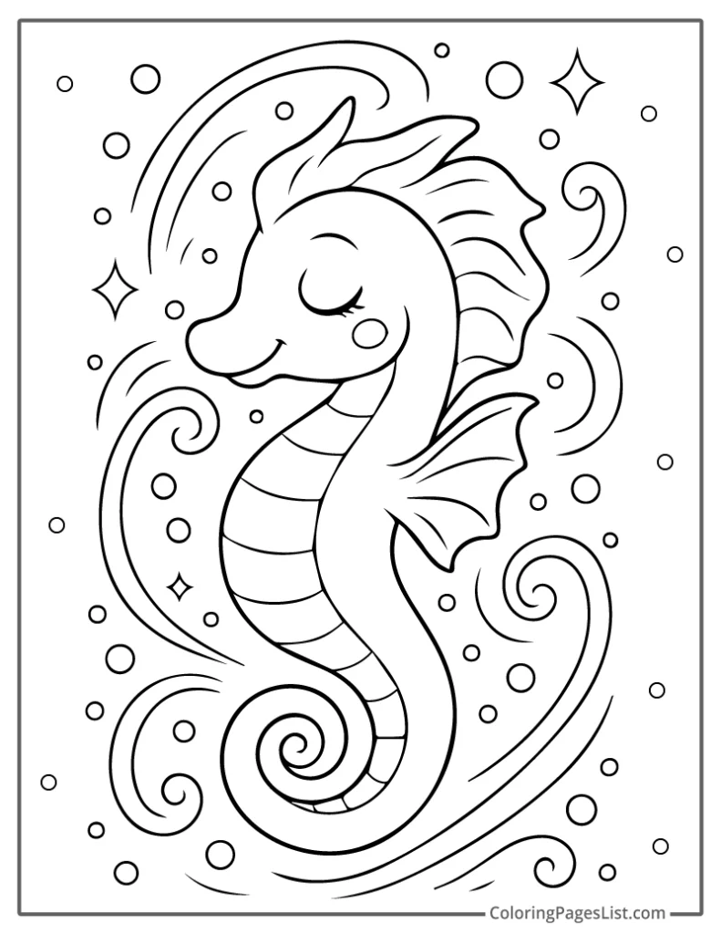 Seahorse Surrounded by Magical Swirls and Sparkles For Coloring