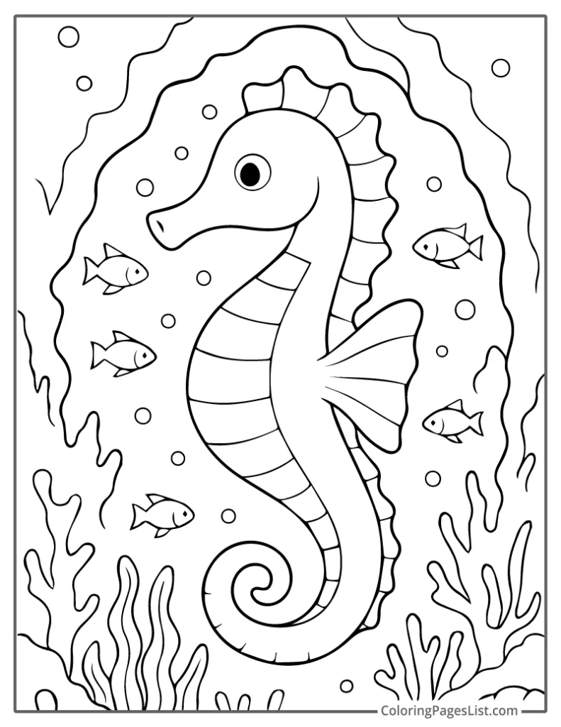 Seahorse Swimming Peacefully in a Coral Cave with Fish For Coloring