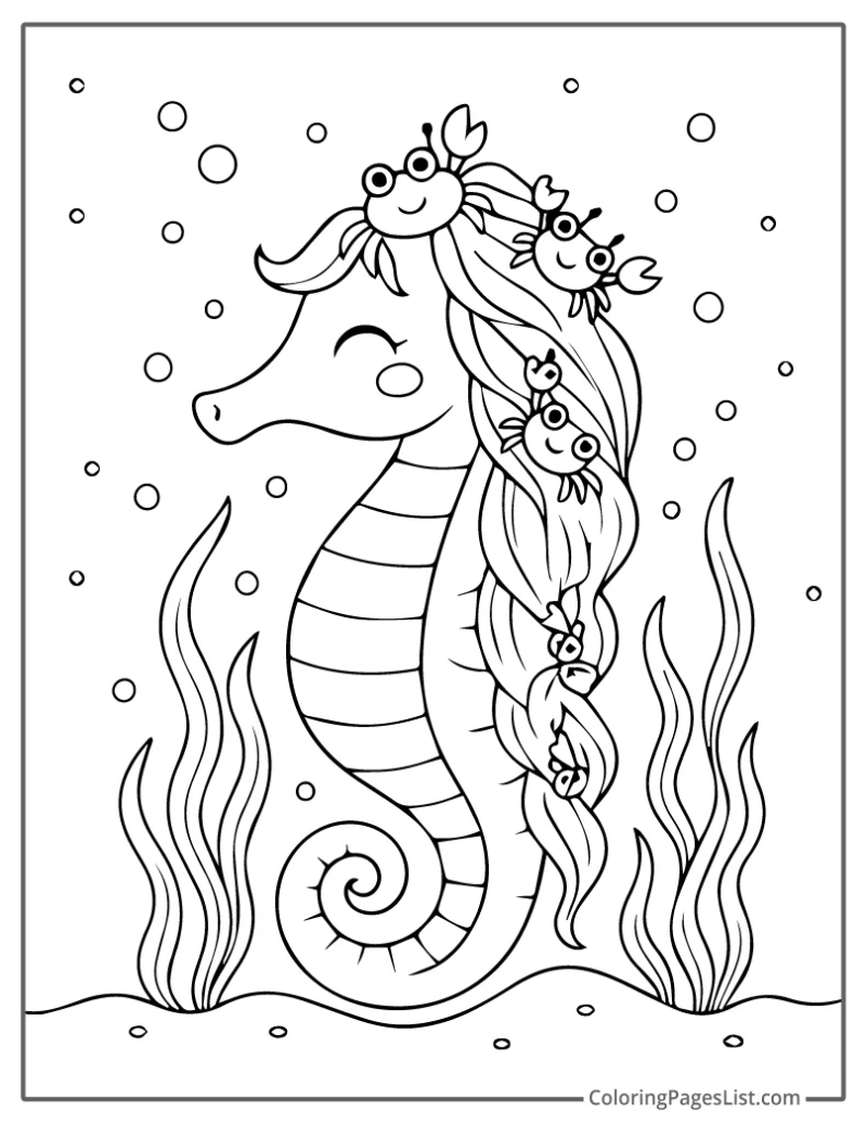 Seahorse with Long Hair and Tiny Crabs Resting on Top Coloring Sheet