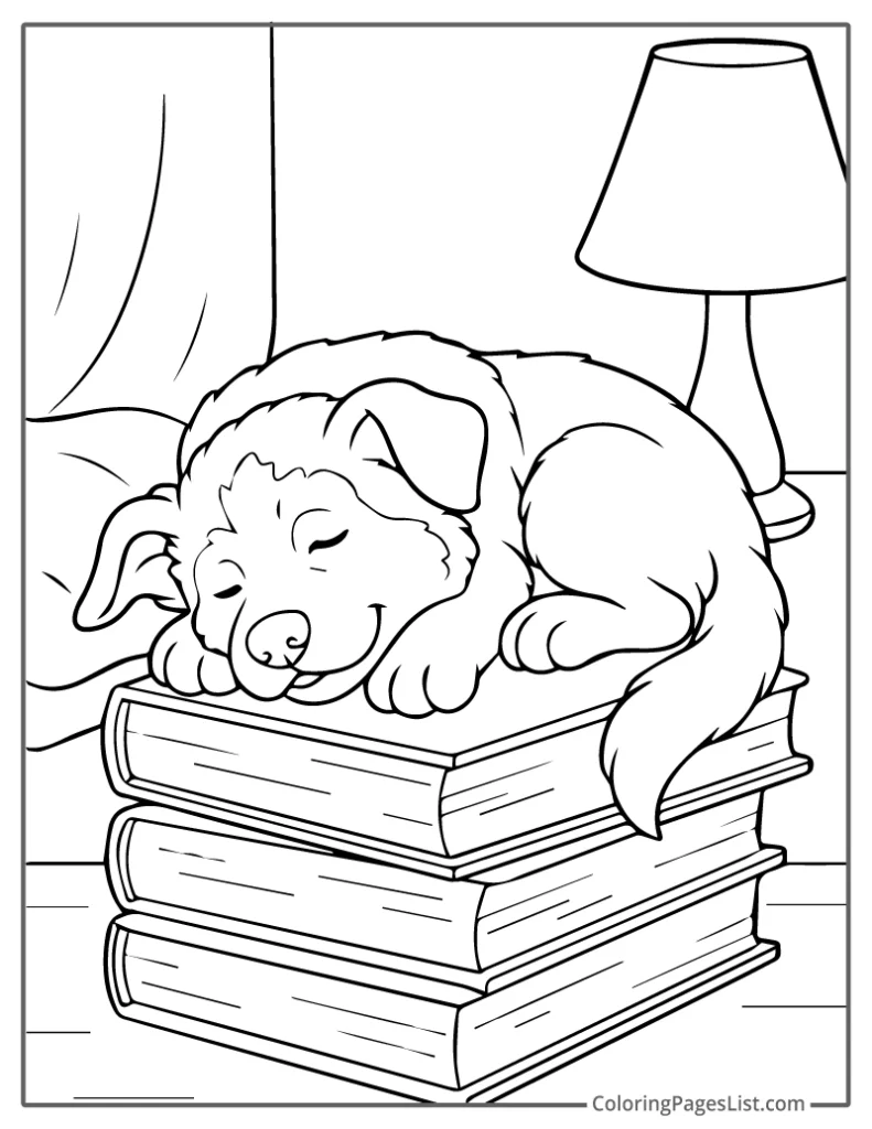 Sleepy Puppy Napping on a Stack of Books Coloring Page