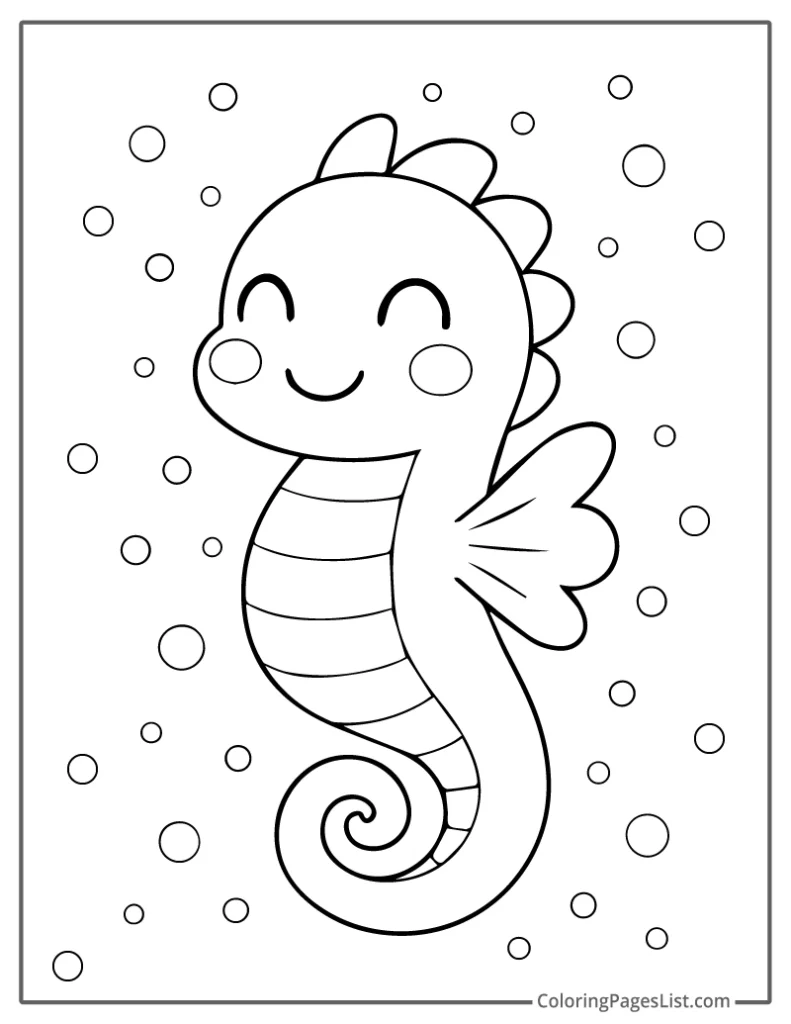 Smiling Baby Seahorse Surrounded by Bubbles Coloring Page