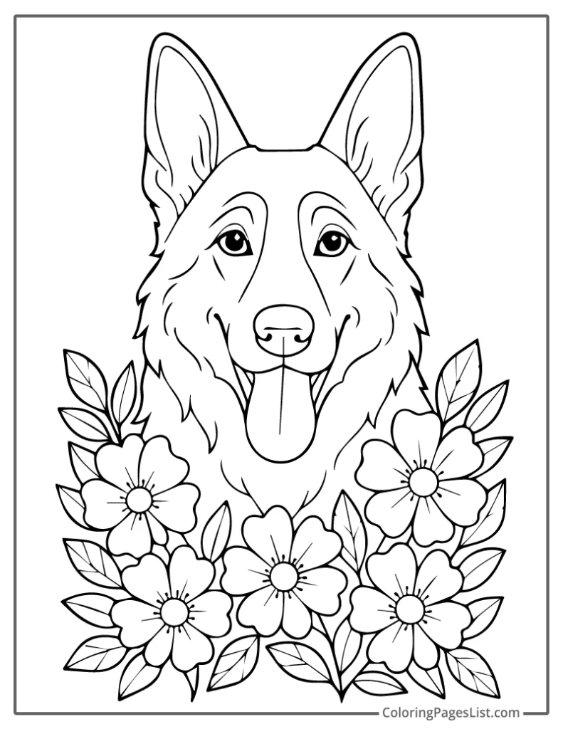 Smiling German Shepherd Surrounded by Flowers For Coloring
