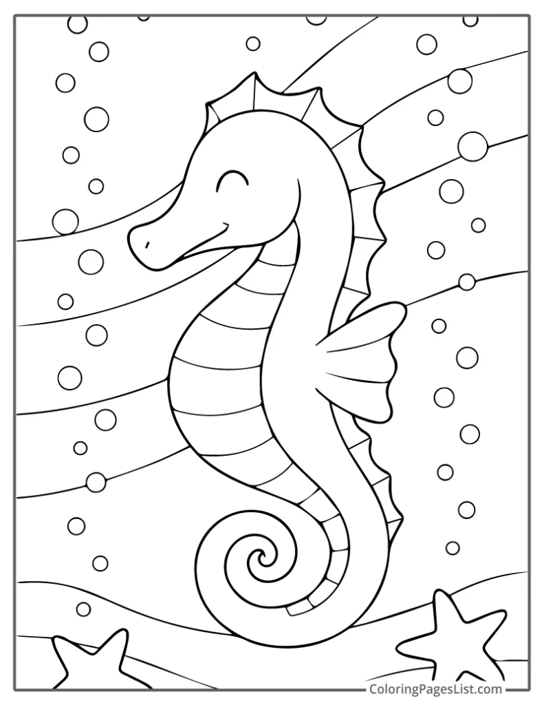 Smiling Seahorse Floating with Starfish and Bubbles Coloring Page