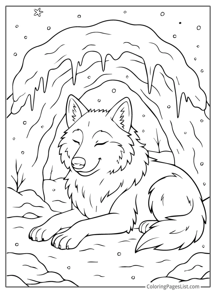 Smiling Wolf Resting in a Snowy Cave To Color In